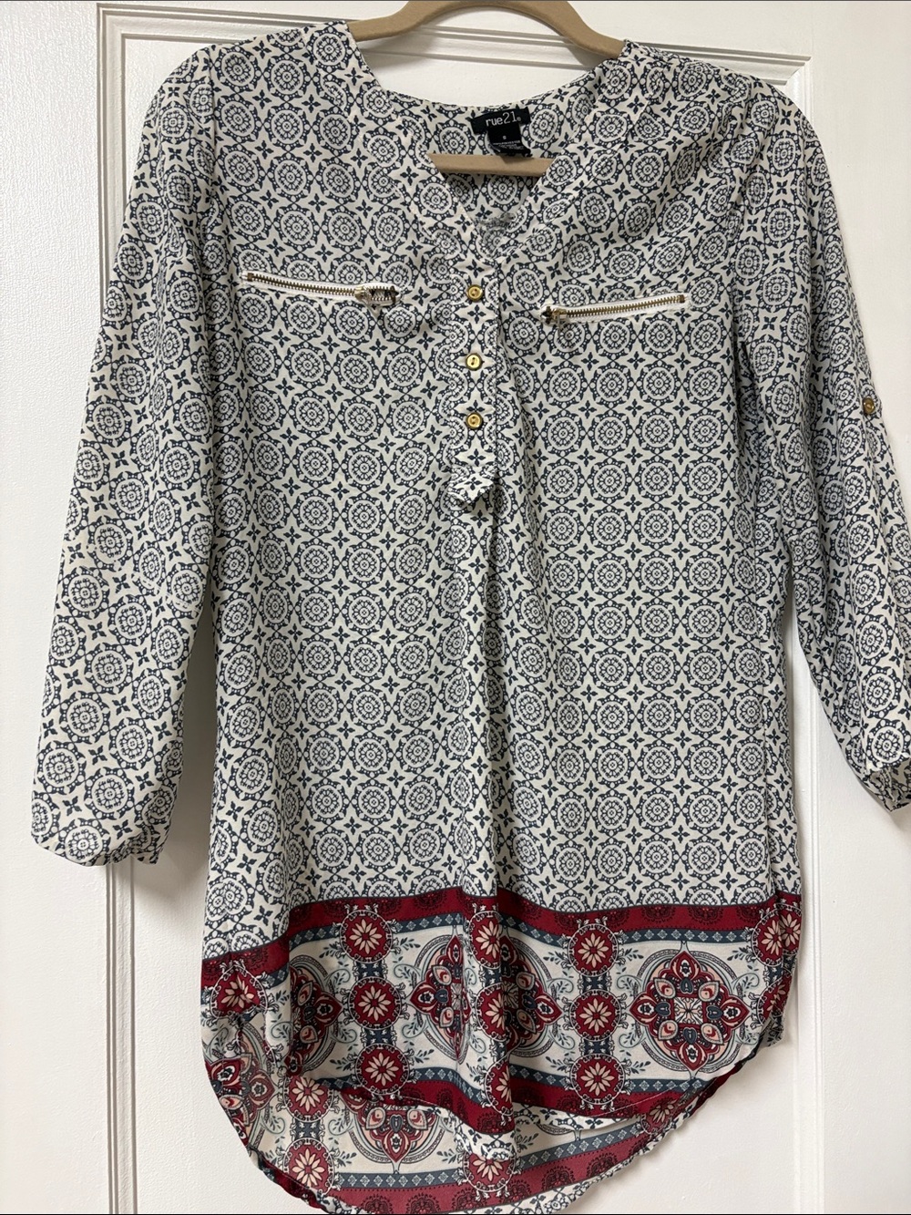 Rue21 Navy, White & Red Printed Henley Tunic